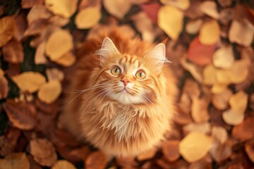 'A fluffy orange cat sits on a pile of fallen leaves, looking up with a bright smile, surrounded by warm autumn colors.'