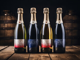 Eyecatching French champagne bottle and national french flag top view