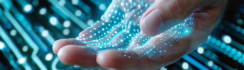 Image of a hand holding digital particles, representing advanced technology, data transfer, and futuristic tech innovation.