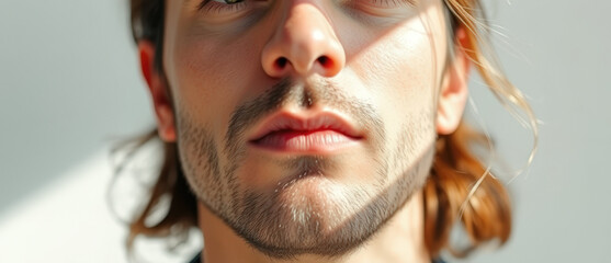 Wall Mural - Close up of man's face with sunlight on his skin