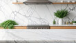 © organik - Empty white marble table with minmal white blurred kitchen background for product mockup