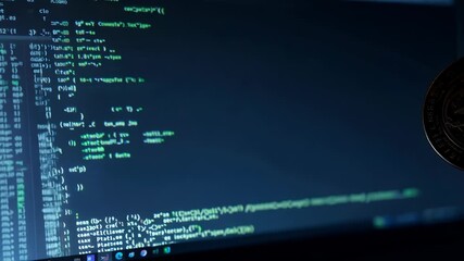 Blurry Code Background Behind Cryptocurrency Coin