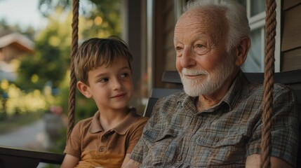 Wall Mural - Grandparents share stories with their grandchildren while sitting on a porch swing, surrounded by the comfort of family and the peacefulness of a summer afternoon.