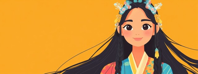 Cheerful young character with long hair in colorful traditional outfit