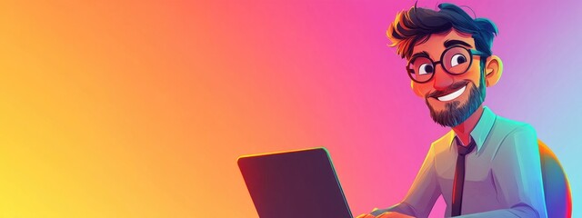 Wall Mural - Cheerful middle aged cartoon businessman wise executive wearing glasses and a shirt happily working on a laptop at a colorful office desk Bright and vibrant portrait