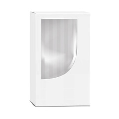 Wall Mural - Tall thin white paper cardboard box with clear plastic window and tuck-in flap. Realistic 3d vector mock-up. Empty transparent front paperboard container. Mockup. Template for design