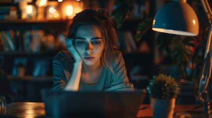 Aufkleber - Laptop tired and woman in office reading and copywriting in night hand and burnout for deadline Computer editing and employee working late professional and fatigue with brain fog and p : Generative AI