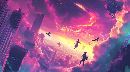 Wall Mural - People falling through pink and blue clouds above a city.