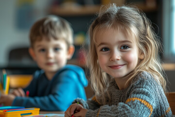 Children engaged in creative drawing and crafts inside a cozy classroom during a sunny afternoon