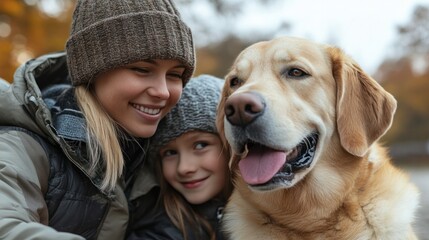 A family with a service dog enjoying a day out, demonstrating independence.