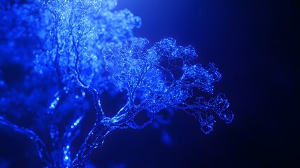 A blue neural network tree structure with glowing, dynamic nodes and intricate branches, displayed against a rich, solid cobalt blue background, futuristic and captivating mood, focused light