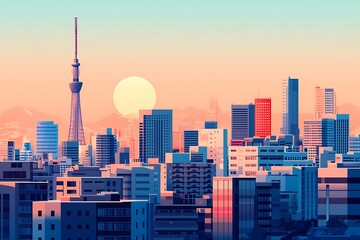 Wall Mural - Tokyo Skyline with Tower and Sunset