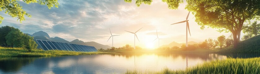 Scenic view of wind turbines and solar panels by a lake with mountains at sunset, representing sustainable renewable energy and environmental conservation.