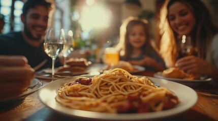 Wall Mural - A family enjoying a homemade pasta dinner, savoring the flavors together.