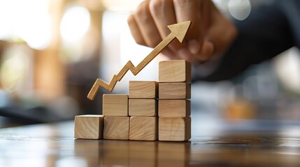 Poster - Businessman stacking arrow on the top of wooden block for business growth and achievement success concept : Generative AI