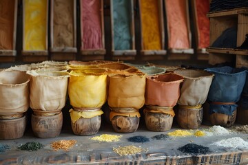 Vibrant Display of Natural Dyes in Colorful Bags