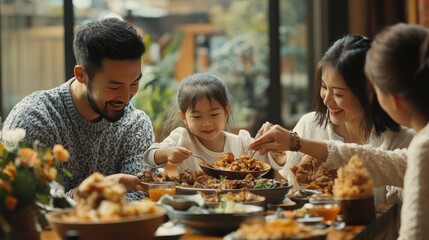 Wall Mural - A diverse family sharing a meal, showcasing unity and cultural exchange.