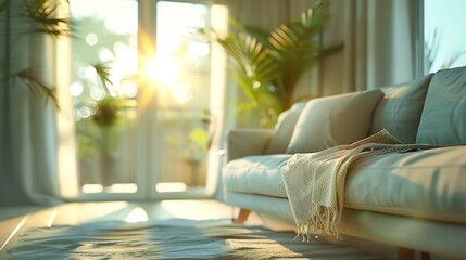 Leinwandbilder - Blur image of living room with furniture at home with sunlight for background usage blur interior concept : Generative AI