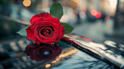 Wall Mural - Decoration red rose on a black wedding car : Generative AI