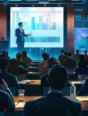 Poster - A financial expert presents market trends to an engaged audience in a sleek conference room, utilizing visual aids to enhance understanding. Generative AI