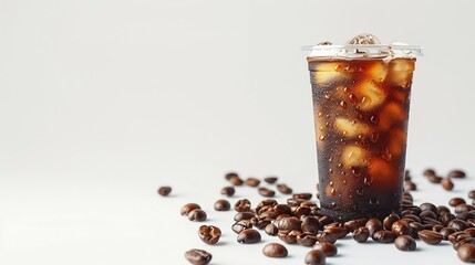 Aufkleber - Americano ice coffee and coffee bean out of bottle on white background with isolate concept : Generative AI