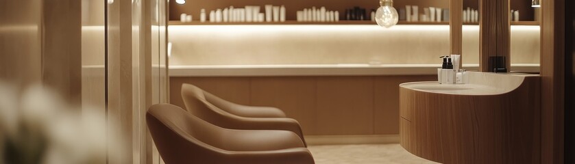 Poster - Modern Spa Interior with Wooden Vanity and Two Brown Armchairs