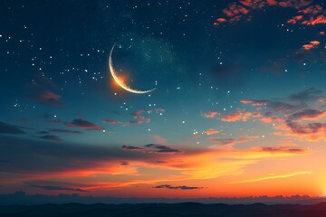 Wall Mural - Enchanting Twilight: A Crescent Moon Illuminates the Starry Sky