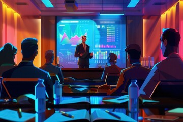 Leinwandbilder - A speaker presents financial strategies to an engaged audience in a contemporary conference room setting. Generative AI