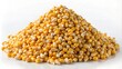 © mamo studios - A pyramid of dry corn kernels stacked on a white background, showcasing their vibrant yellow color and texture