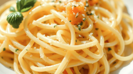 Wall Mural - Closeup of Spaghetti with Basil and Parmesan Cheese