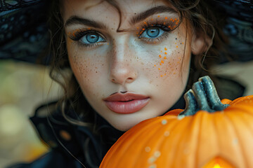 Magician woman with glowing pumpkin against yellow