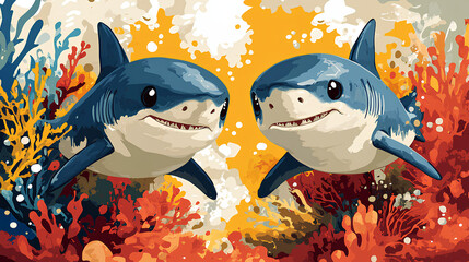 Poster - illustration of two cute colorful baby sharks on coral background