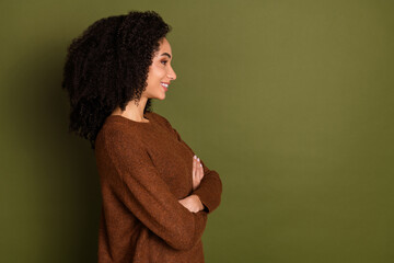 Sticker - Profile portrait of pretty young woman crossed arms empty space wear sweater isolated on khaki color background