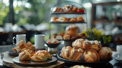 Luxury hotel and five star room service various food platters bread and coffee as inroom breakfast for travel and hospitality brand : Generative AI