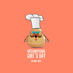 Wall Mural - International chef day vector greeting card. vector funny cartoon tiny brown smiling chef potato with hat isolated on peach color background. Potato character