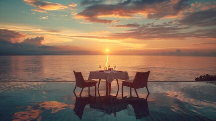 Seascape view under sunset light with dining table with infinity pool around Romantic tranquil getaway for two couple concept Chairs food and romance Luxury destination dining honeymoo : Generative AI