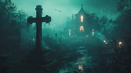 Eerie Church in the Woods: Spooky Halloween Background