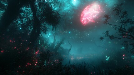 Wall Mural - mystical forest with glowing pink moon. digital art style. fantasy world and alien landscape concept