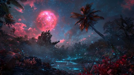 tropical night landscape with glowing pink planet. digital art style. fantasy world and alien planet