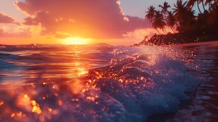 Amazing fantasy landscape dream nature beach shore palm trees silhouette Closeup waves splashing relaxing topical paradise scenic summer background Dusk sundown coast inspire fantastic : Generative AI