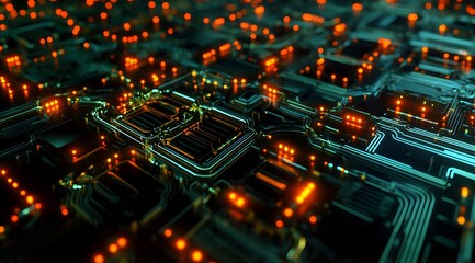 Abstract Circuit Board with Glowing Lines and Orange Lights