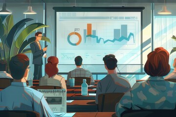 Aufkleber - A professional presents financial insights with engaging charts to an attentive audience in a contemporary conference space. Generative AI