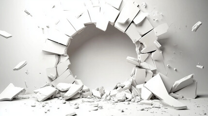 3D white background featuring a round hole with cracks and shattered elements, with concrete fragments flying around. The edges have a white gradient, and the center is illuminated with bright lightin