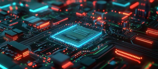 Wall Mural - Close-up of a Glowing Microchip on a Circuit Board with Neon Lights in a Futuristic Technology Setting