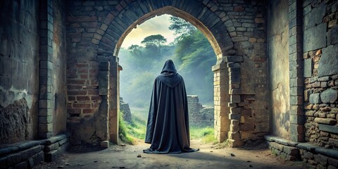 mysterious figure in black cloak standing under an arched weathered wall recess, mysterious, figure,