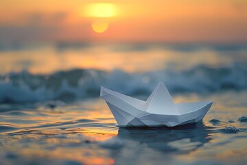 Canvas Print - Serene Sunset with a Paper Boat on Gentle Waves