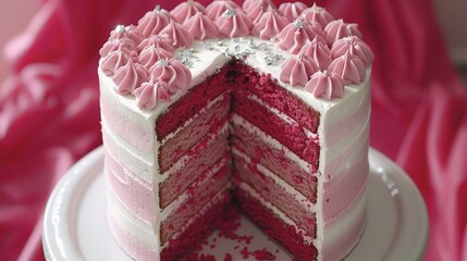 Wall Mural - a magical looking pink cake with white icing in the middle with a slice missin