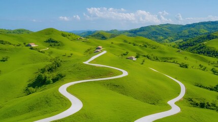 Sticker - A winding road on a green hillside with trees in the background, AI