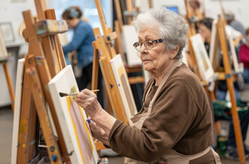 Poster - A diverse group of older adults painting on easels in an art class