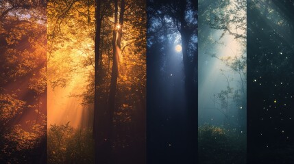 Canvas Print - Four Seasons of the Forest: A Collage of Sunbeams, Moonlight, and Fireflies